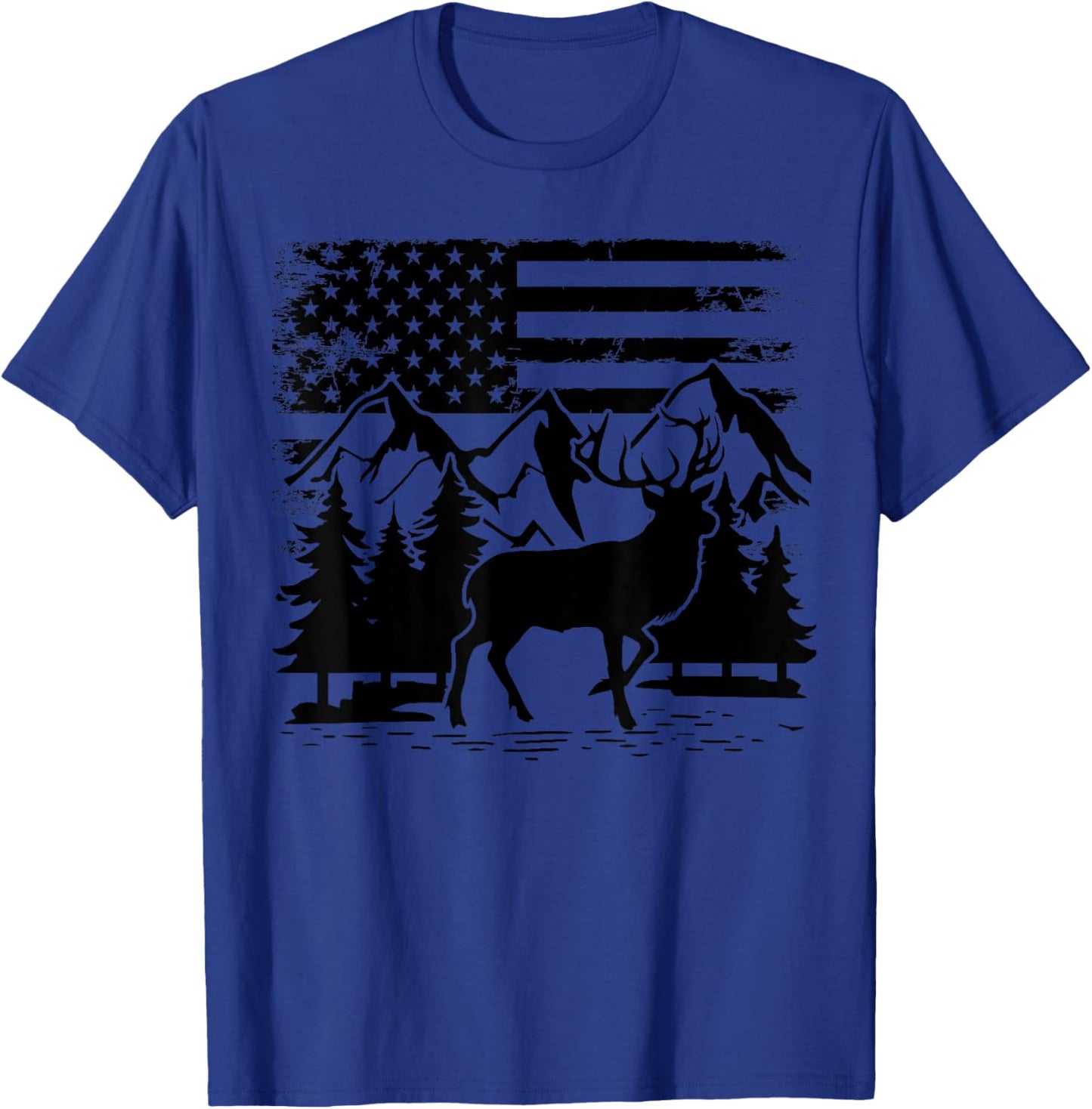 Camo US Flag Deer Elk Buck Camoflage Hunting Hunter Dad T-Shirt - T-Shirt | Royal