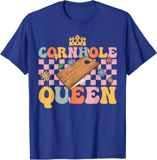 Cornhole Queen Groovy Cornhole Mom Corn Hole T-Shirt - T-Shirt | Royal