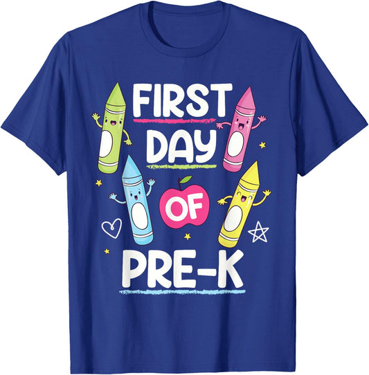 Happy First Day of Pre-K Crayon Funny Back to School 2024 T-Shirt - T-Shirt | Royal