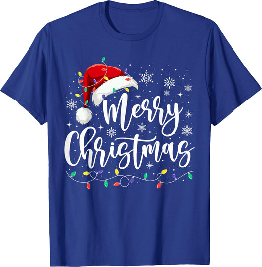 Merry Christmas Lights Red Santa Hat Xmas Family Men Women T-Shirt - T-Shirt | Royal