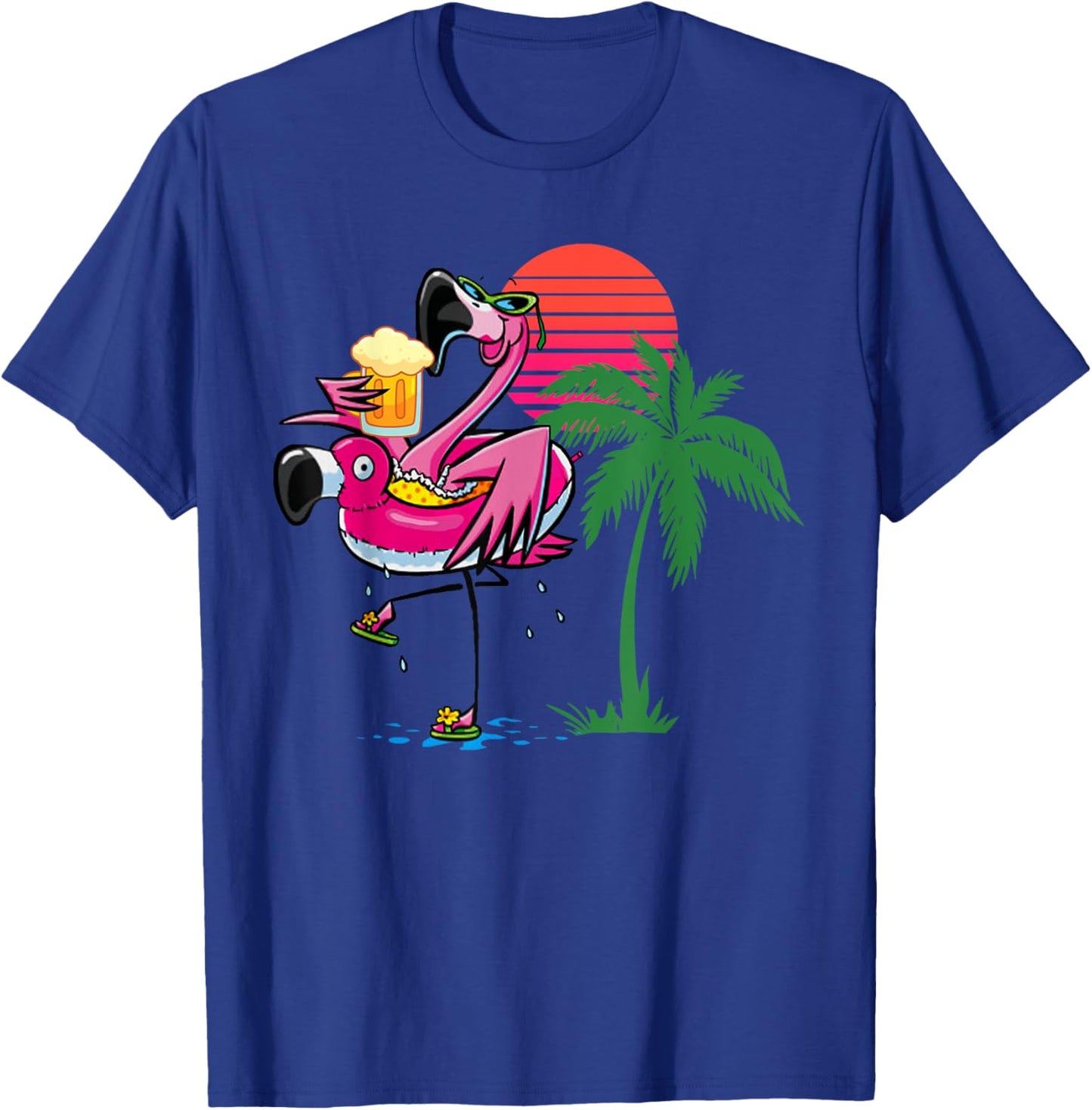 Flamingo Drinking Beer Summer Beach Party T-Shirt - T-Shirt | Royal
