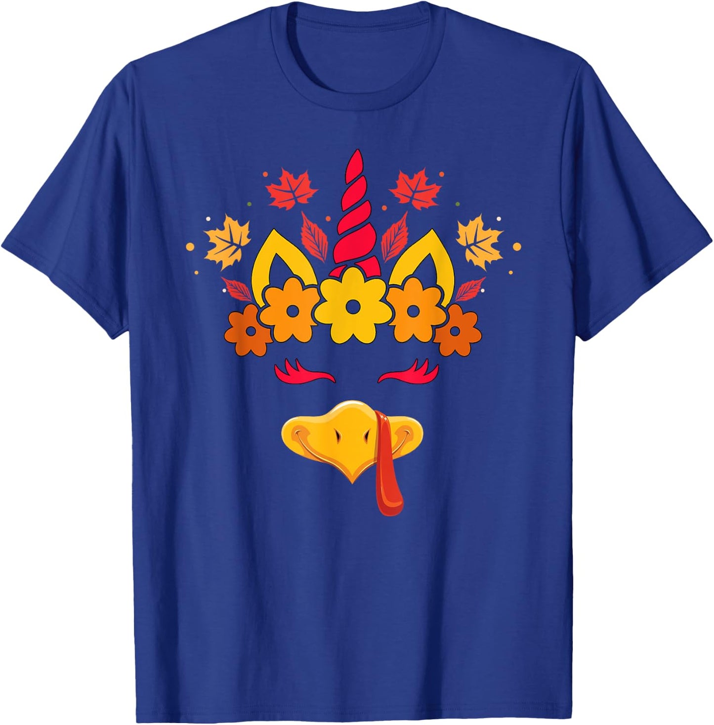 Funny Turkey Unicorn Face Girls Cute Thanksgiving Kids T-Shirt - T-Shirt | Royal