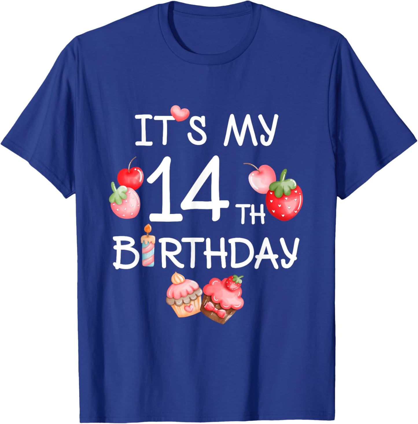 Its My 14th Birthday Cute Strawberry Cherry 14 Year Old Girl T-Shirt - T-Shirt | Royal