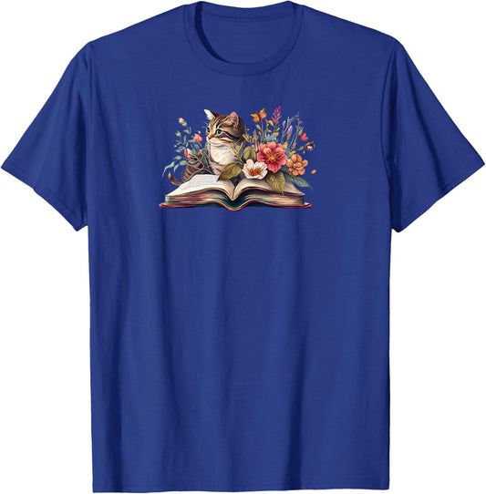 Cat Book Shirt ,Cat Flower Book ,Cat and Book T-Shirt - T-Shirt | Royal