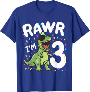 Three Rawr I'm 3 Years Old T Rex Dinosaur 3rd Birthday Boys T-Shirt - T-Shirt | Royal