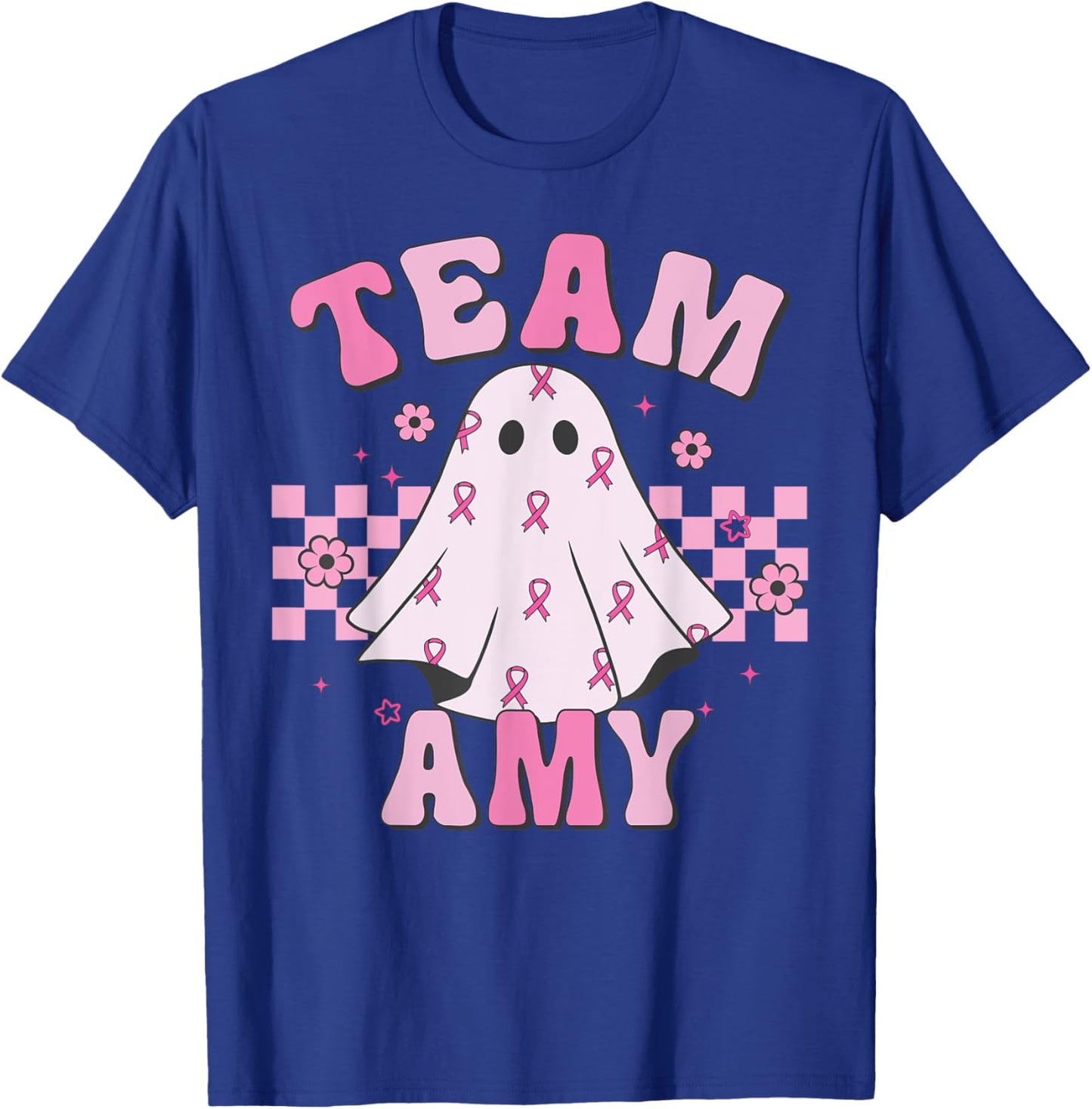 Team Amy, Breast Cancer Awareness Halloween Groovy Ghost T-Shirt - T-Shirt | Royal