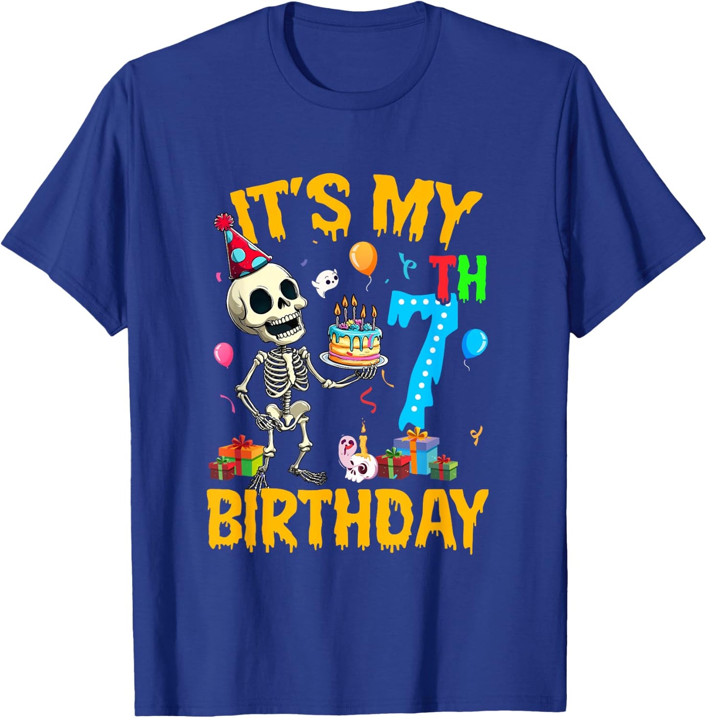 It's My 7Th Birthday Party Halloween Skeleton Birthday Kids T-Shirt - T-Shirt | Royal