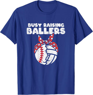 Busy Raising Ballers Baseball Volleyball Mom Mothers Day Son T-Shirt - T-Shirt | Royal