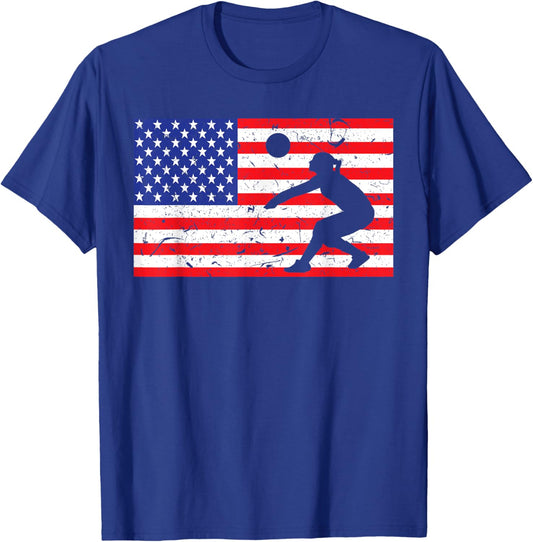 Distressed Volleyball USA American Flag Vintage Mine Player T-Shirt - T-Shirt | Royal