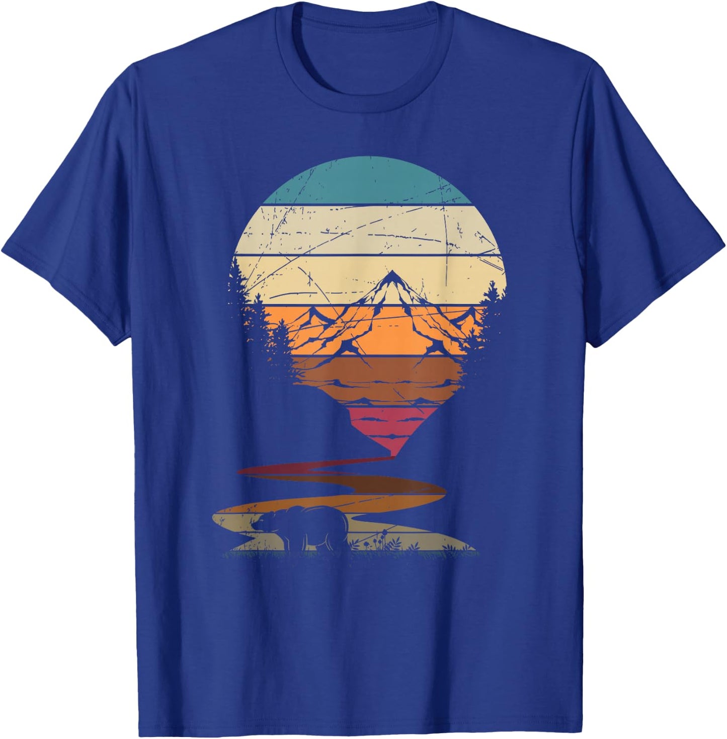 Retro Outdoor Nature Trees Bear Mountains Forest Hiking T-Shirt - T-Shirt | Royal