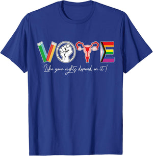 Vote Books Fist Uterus LGTBQ Flag Retro Pro Choice Liberal T-Shirt - T-Shirt | Royal