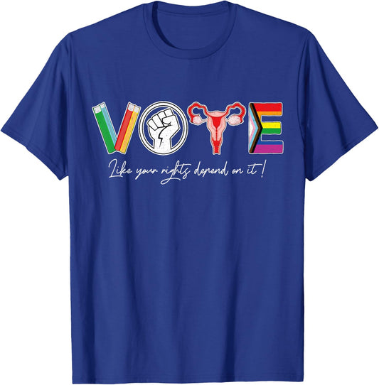 Vote Books Fist Uterus LGTBQ Flag Retro Pro Choice Liberal T-Shirt - T-Shirt | Royal
