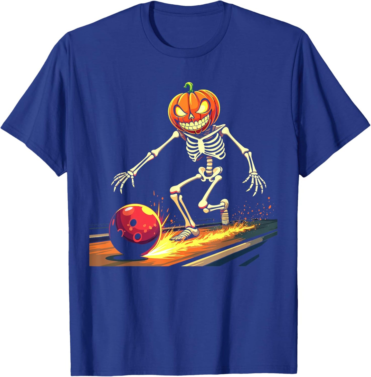 Pumpkin Head Skeleton Bowling Halloween Spooky Sports T-Shirt - T-Shirt | Royal