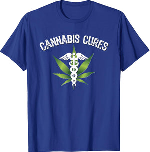 Prime Shirt Shop Stoner Cannabis Cures Medical Marijuana Leaf Graphic Adult - Black, Small T-Shirt - T-Shirt | Royal
