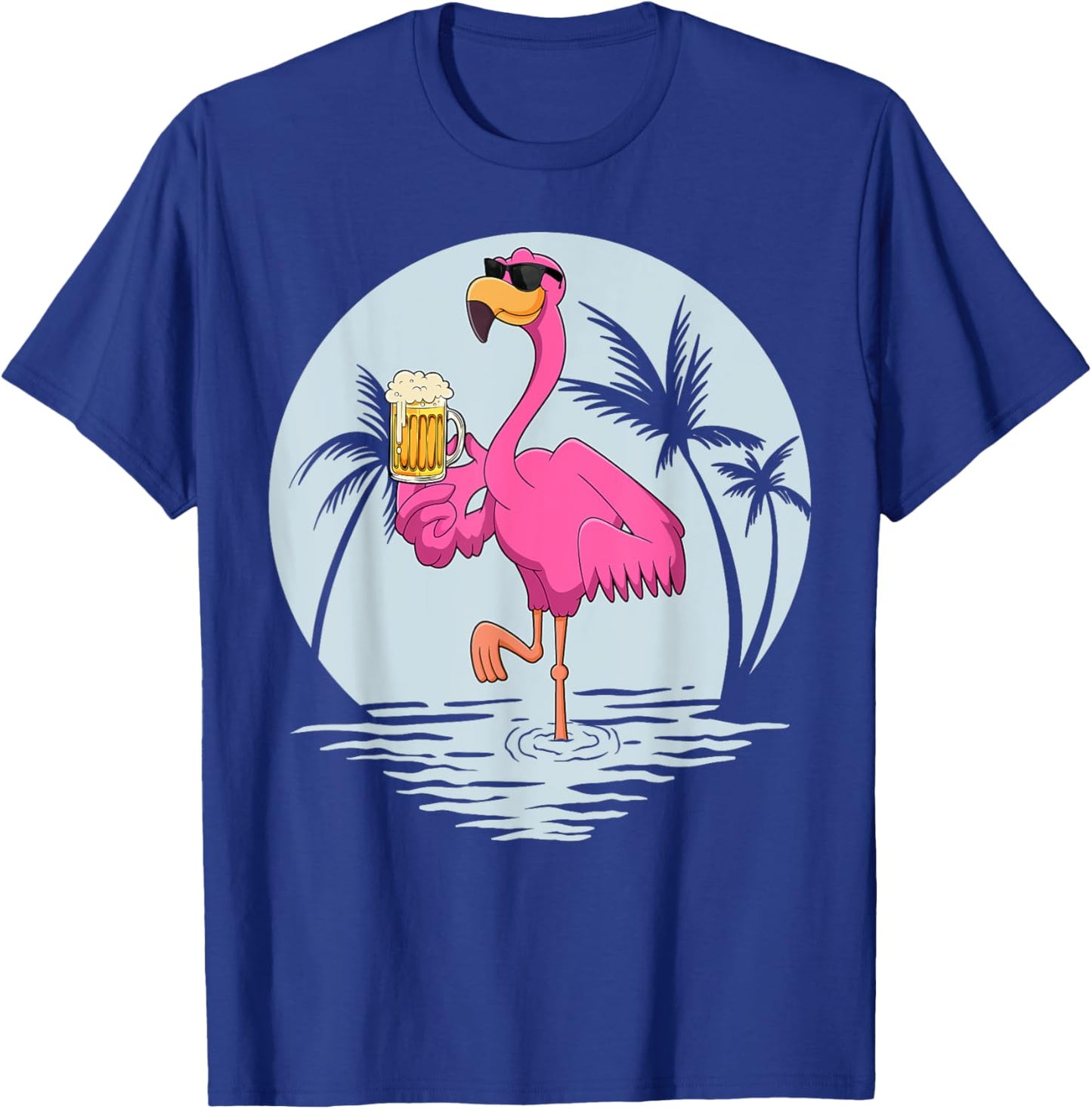 Funny Pink Flamingo Bird With Mug Of Beer Summer Vacation T-Shirt - T-Shirt | Royal