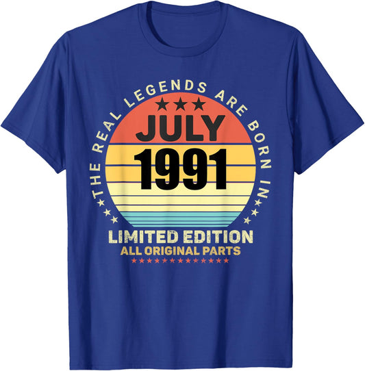 Real Legends Born In July 1991 Retro Birthday T-Shirt - T-Shirt | Royal
