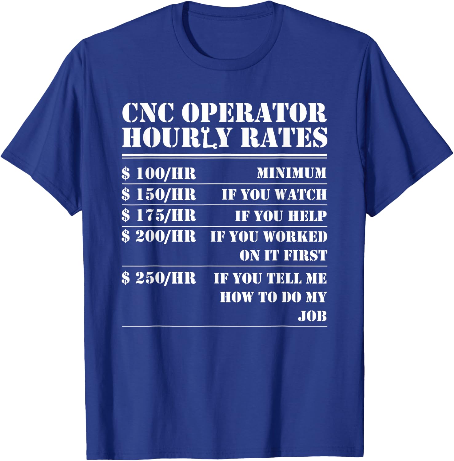 CNC Operator Hourly Rates Funny Machinist Programmer Labor T-Shirt - T-Shirt | Royal