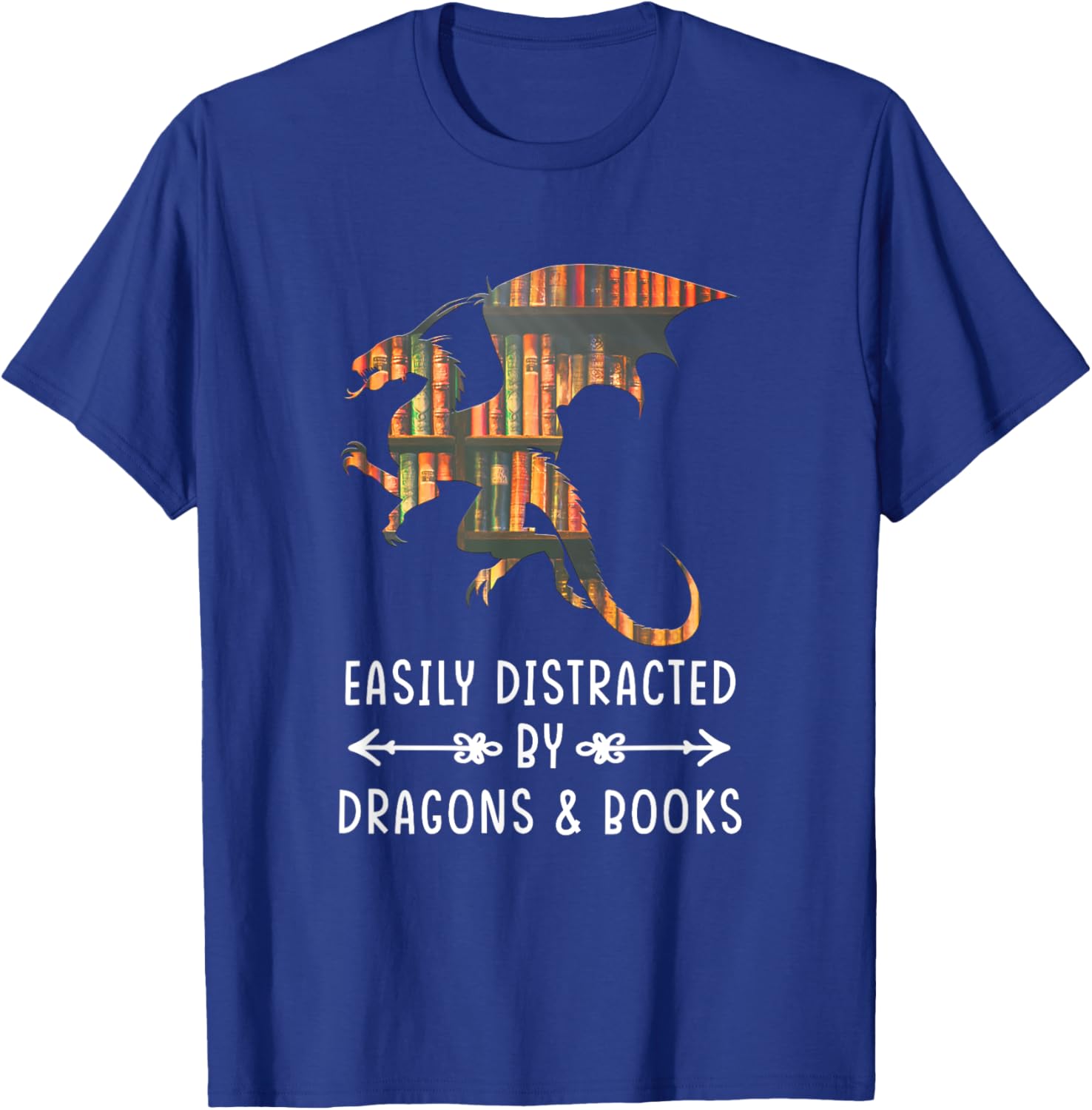 Easily Distracted By Dragon And Books Nerds School T-Shirt - T-Shirt | Royal