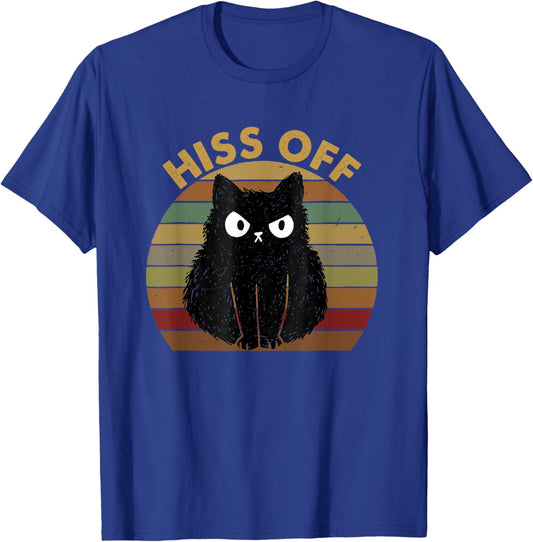Funny Black Cat Hiss Off Meow Cat Vintage T-Shirt - T-Shirt | Royal