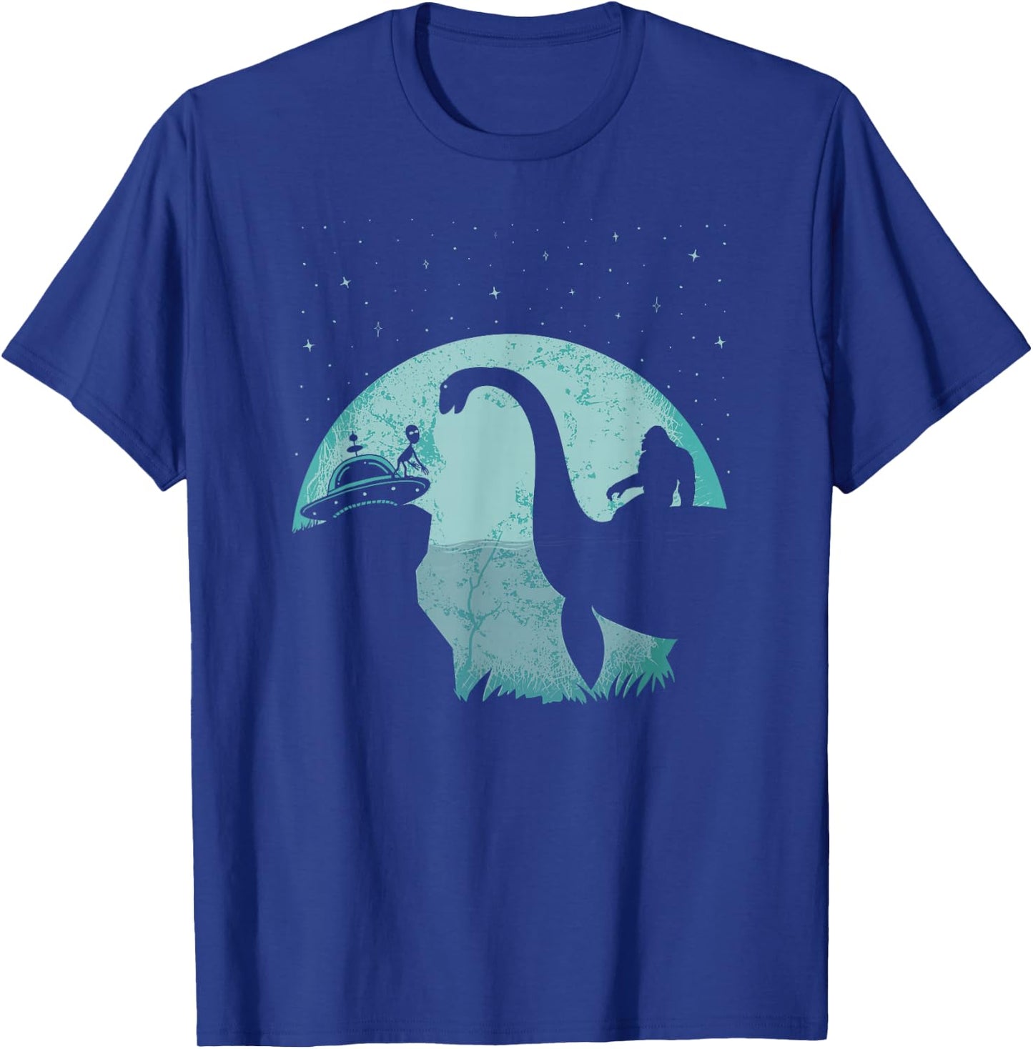 Bigfoot Riding Loch Ness Monster Sasquatch Ufo Abduction T-Shirt - T-Shirt | Royal