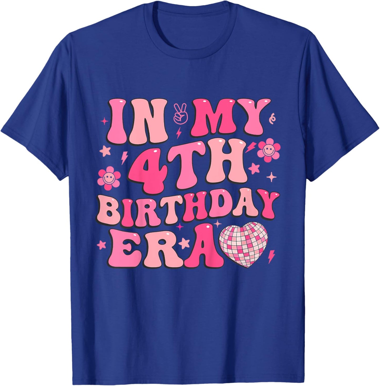 Kids Groovy In My 4th Birthday Era Four 4 Years Old Disco Heart T-Shirt - T-Shirt | Royal