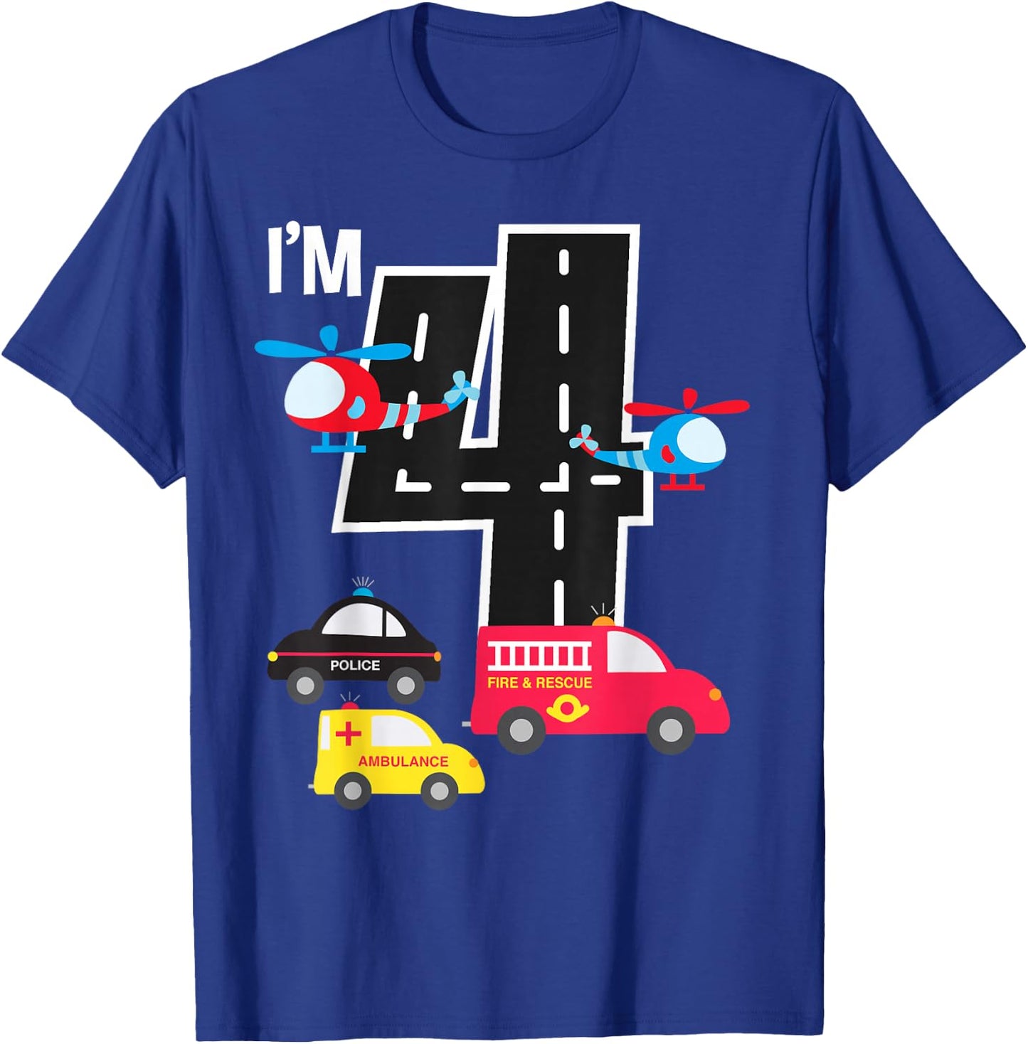 4th Birthday Fire Truck Police Car Ambulance 4 Year Toddler T-Shirt - T-Shirt | Royal