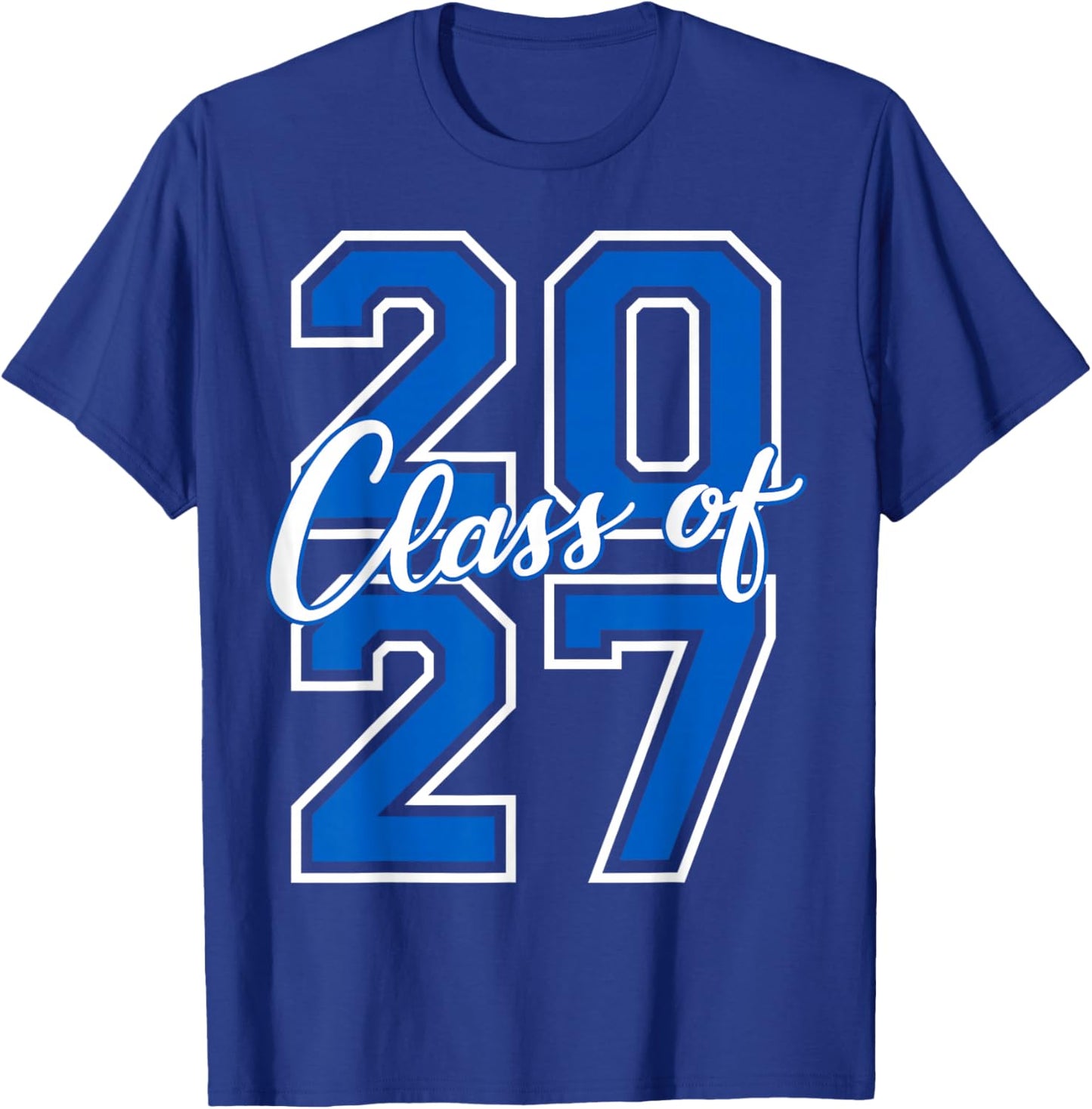 Class of 2027 Graduation Varsity Blue and White Letters T-Shirt - T-Shirt | Royal