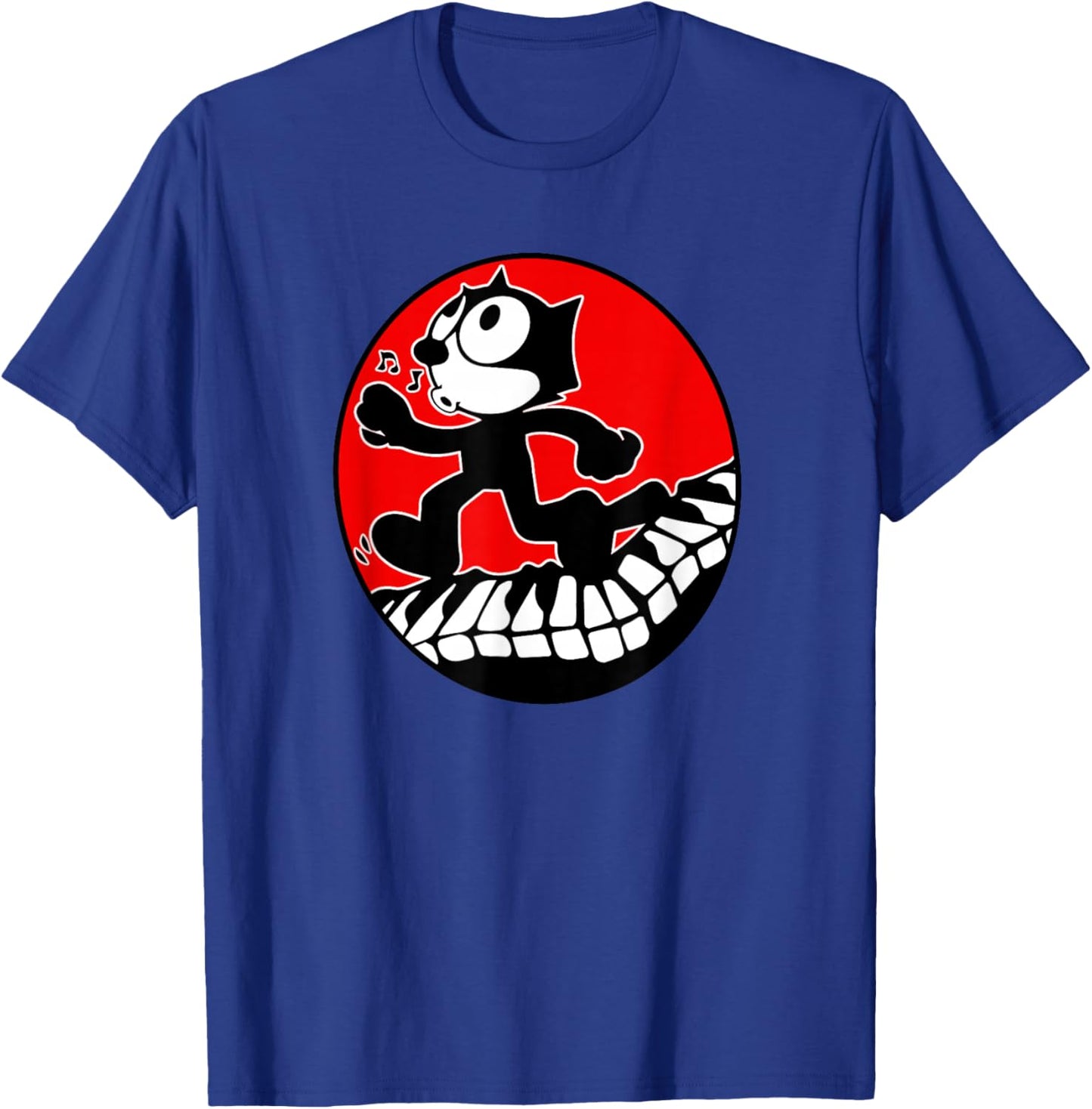 Felix Cartoon Cat Walks and Whistles on Piano Keyboard Retro T-Shirt - T-Shirt | Royal