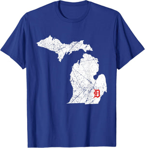 Detroit Michigan Map Lakes Letter D Nature Travel Motor City T-Shirt - T-Shirt | Royal