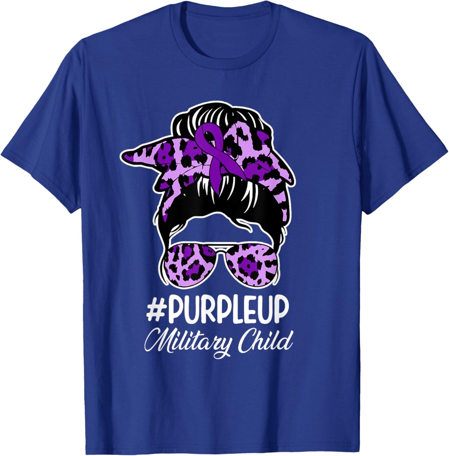 Bleached Purple Up for Military Kids Messy Bun Mom T-Shirt - T-Shirt | Royal