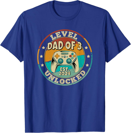 Dad Of 3 Three Kids Leveled Up To Dad Level Unlocked T-Shirt - T-Shirt | Royal