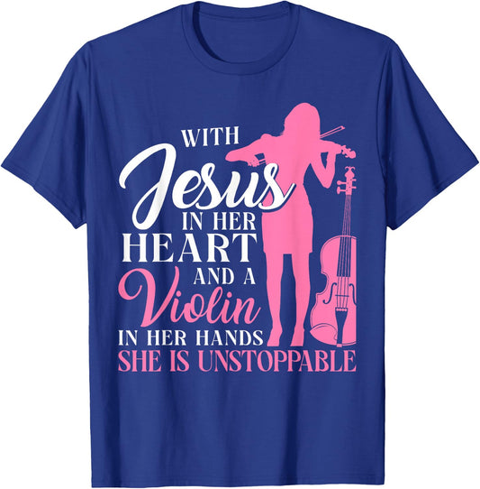 Violin Violinist Jesus Faith Christian With Jesus In Her T-Shirt - T-Shirt | Royal