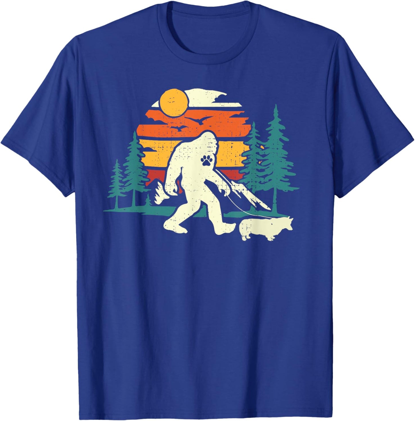 Retro Bigfoot Walking Welsh Corgi Dog Walker Sasquatch T-Shirt - T-Shirt | Royal