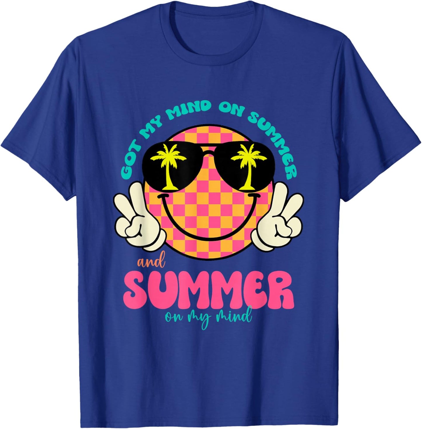 Groovy Happy Face Summer Vibes Got My Mind On Summer Teacher T-Shirt - T-Shirt | Royal