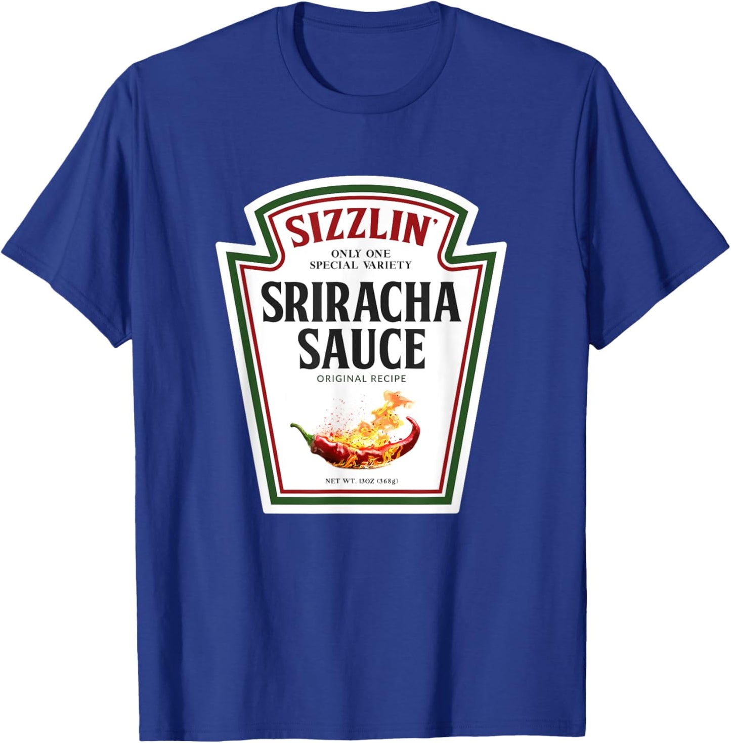 Sizzling Sriracha Sauce Funny Bottle Label Condiment design T-Shirt - T-Shirt | Royal