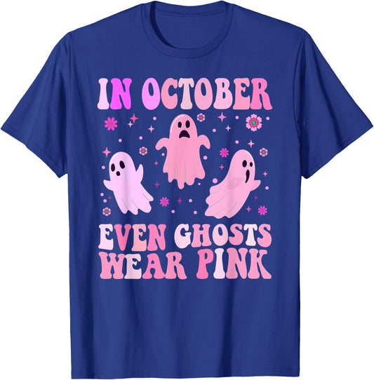 Breast Cancer October Even Ghost Wear Pink Groovy Halloween T-Shirt - T-Shirt | Royal