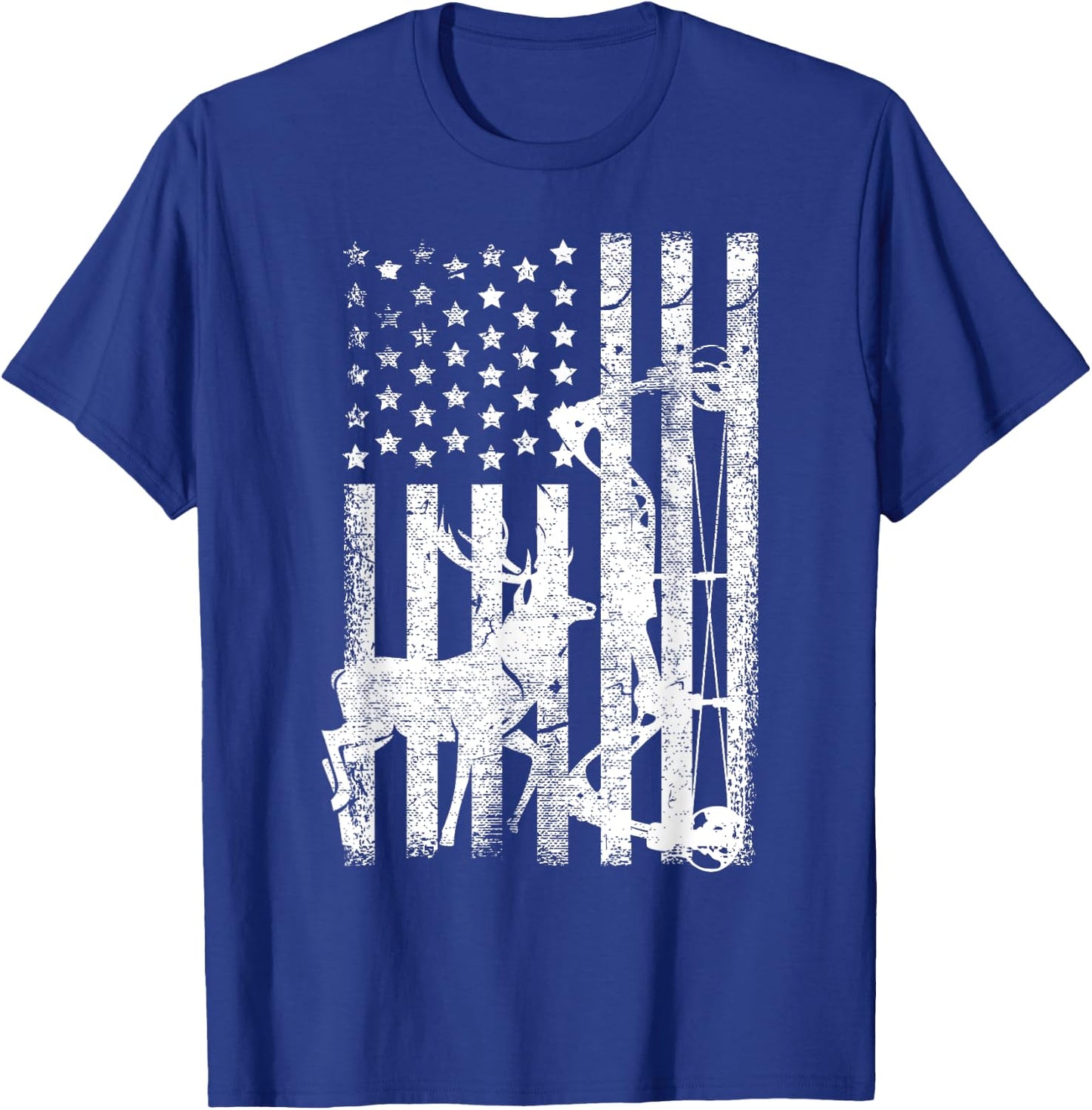 Vintage American Flag Elk Hunting Funny USA Bow Hunters Gift Men T-Shirt - T-Shirt | Royal