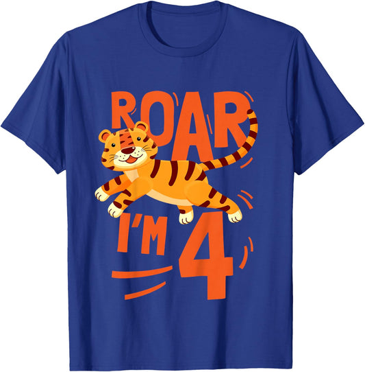 Kids Tiger 4th Birthday Jungle Party Tiger Age 4 Wild Animal T-Shirt - T-Shirt | Royal