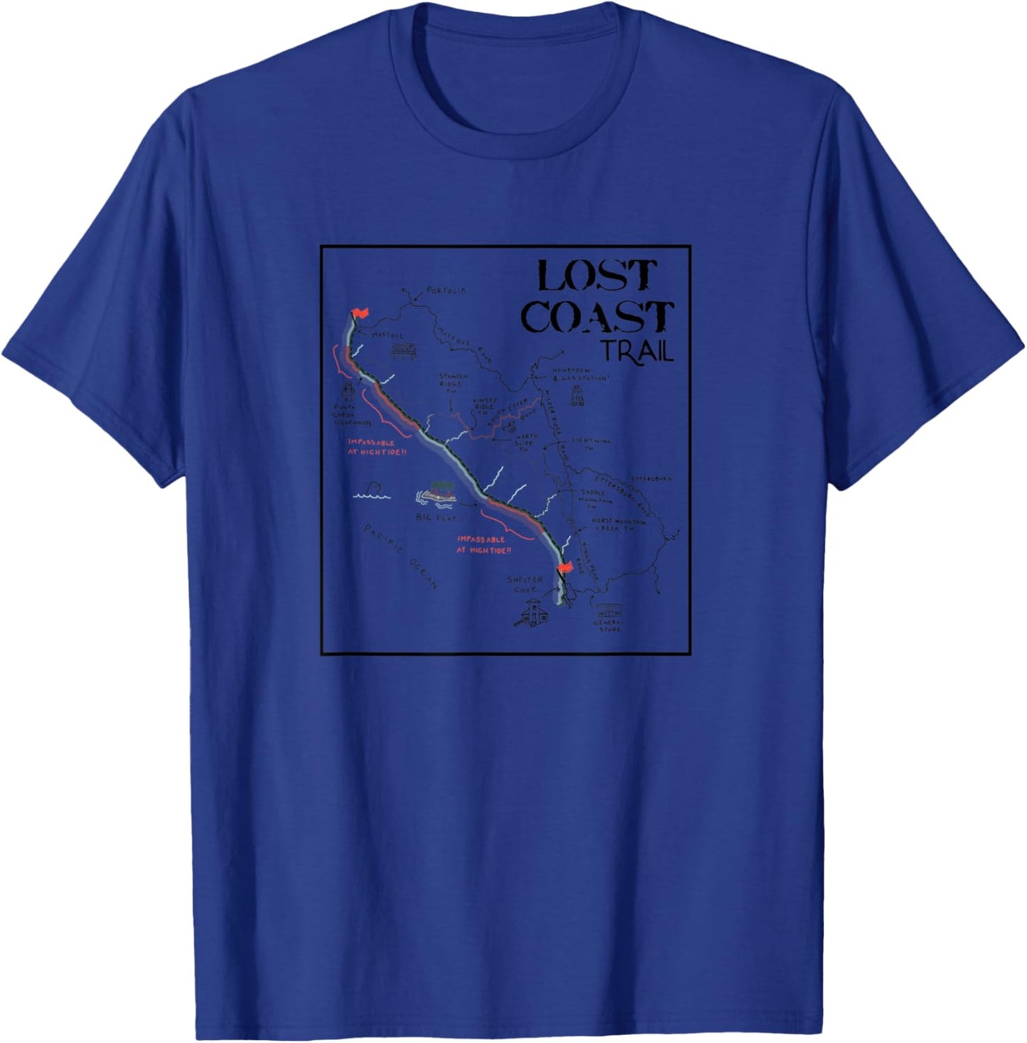 Hike California Lost Coast Hiking Trail Map Art Cali Outdoor T-Shirt - T-Shirt | Royal