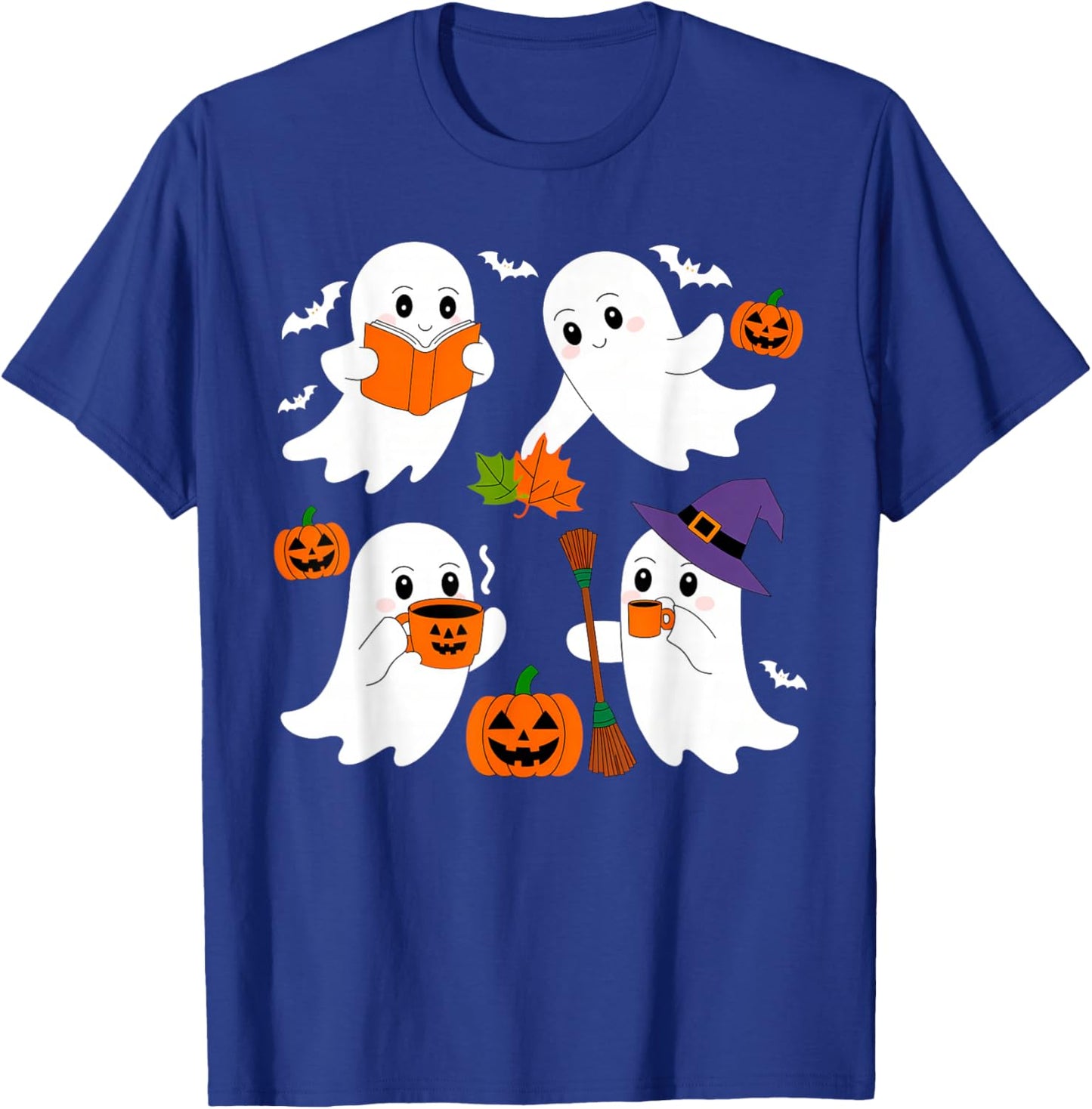 Cute Ghost Drinking Coffee Halloween Fall Ghost Book Reading T-Shirt - T-Shirt | Royal