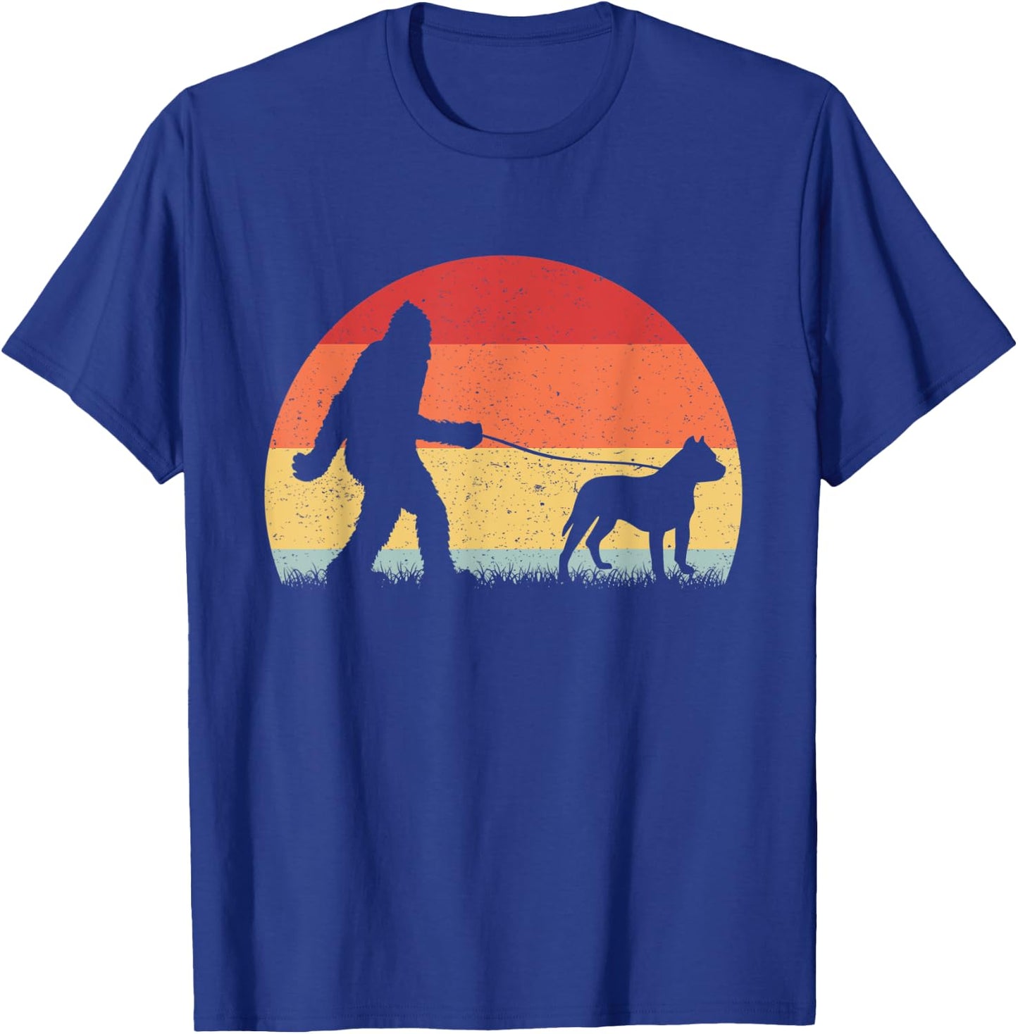 Vintage Bigfoot Walking Pit bull Dog Sasquatch Funny Gifts T-Shirt - T-Shirt | Royal