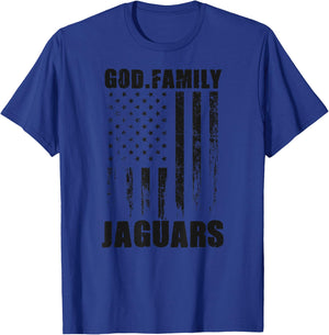 Blue Valley West Jaguars God. Family. Vintage USA Flag T-Shirt - T-Shirt | Royal