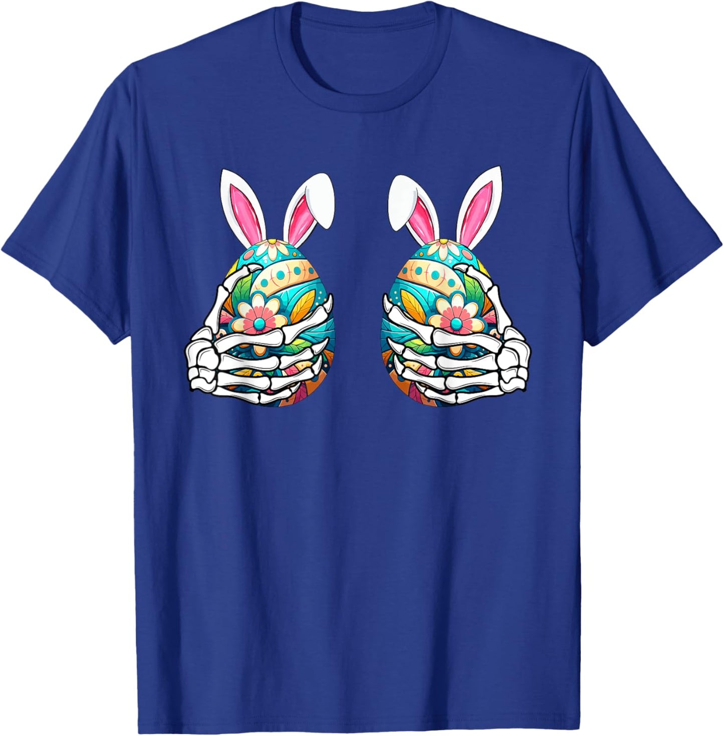 Two Skeleton Hands Holding Colourful Eggs Funny Easter Day T-Shirt - T-Shirt | Royal