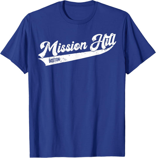 Mission Hill Boston Typographic Retro Distressed Design T-Shirt - T-Shirt | Royal