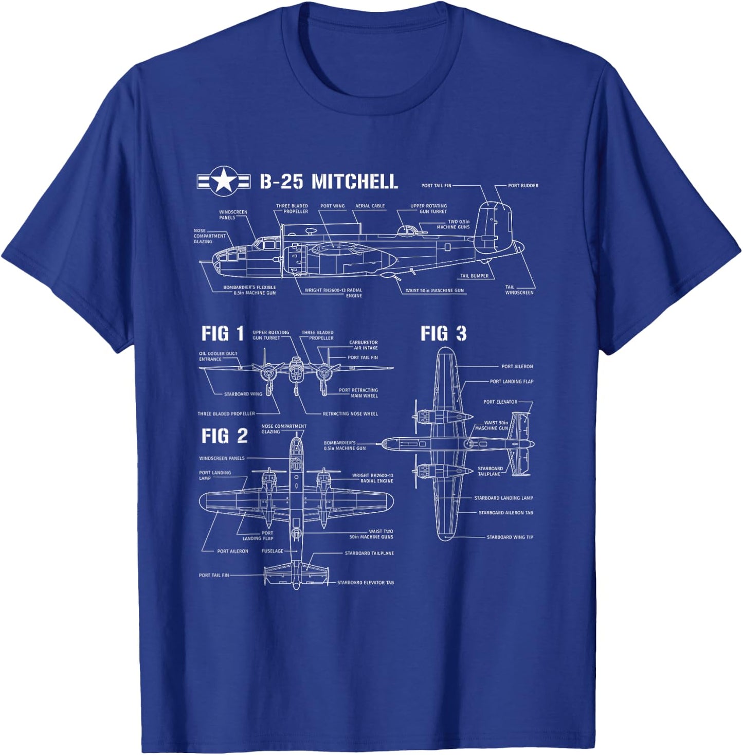 World War 2 American Aircraft B-25 Mitchell Bomber blueprint T-Shirt - T-Shirt | Royal
