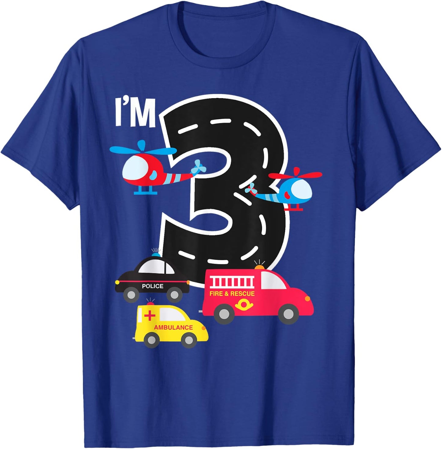 3rd Birthday Fire Truck Police Car Ambulance 3 Year Toddler T-Shirt - T-Shirt | Royal