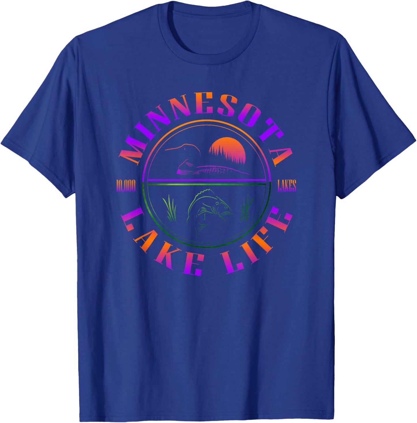 Minnesota Lake Life with Loon, Walleye, and Sunset T-Shirt - T-Shirt | Royal