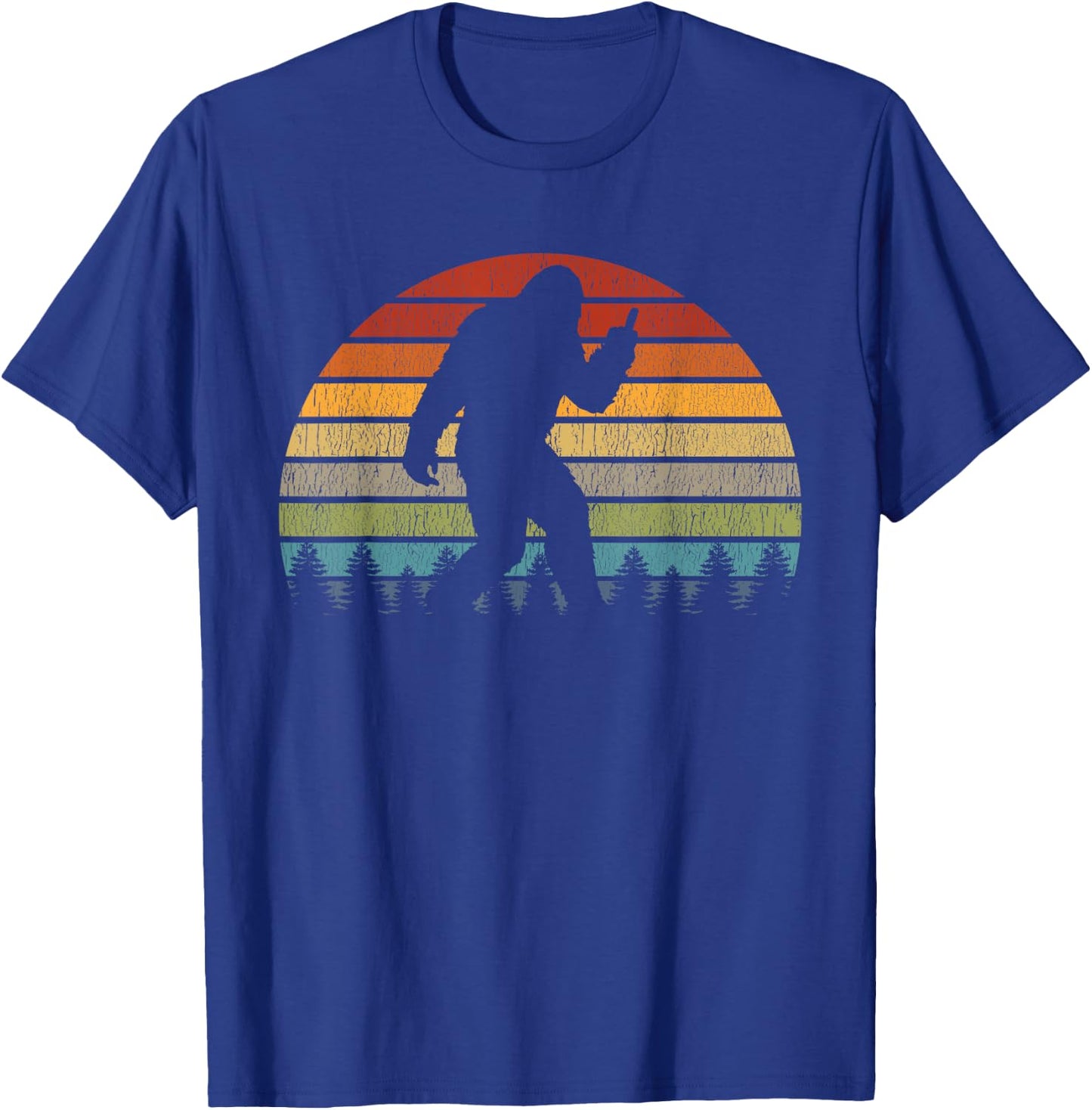 Retro Bigfoot Middle Finger Silhouette Sasquatch Sunset T-Shirt - T-Shirt | Royal