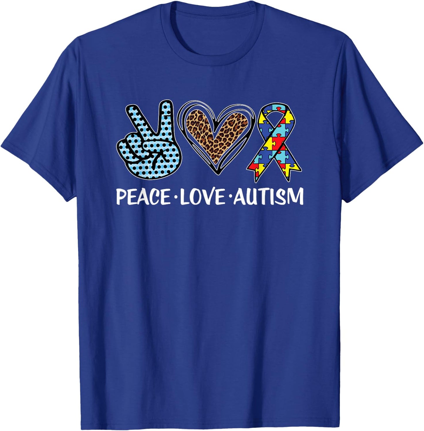 Peace Love Autism Puzzle Pieces Ribbon Autism Awareness T-Shirt - T-Shirt | Royal