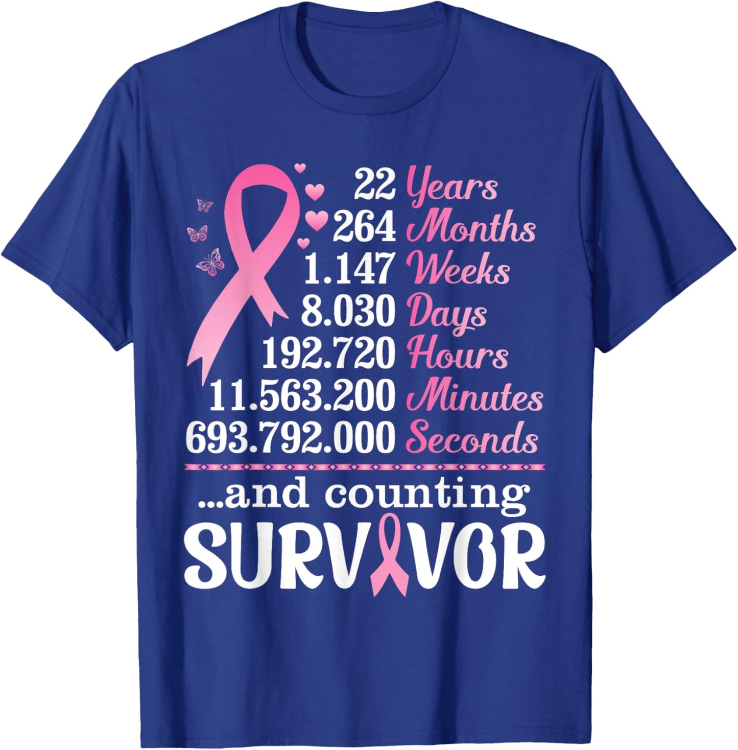 22 Years 264 Months Fighting Breast Cancer Counting Survivor T-Shirt - T-Shirt | Royal